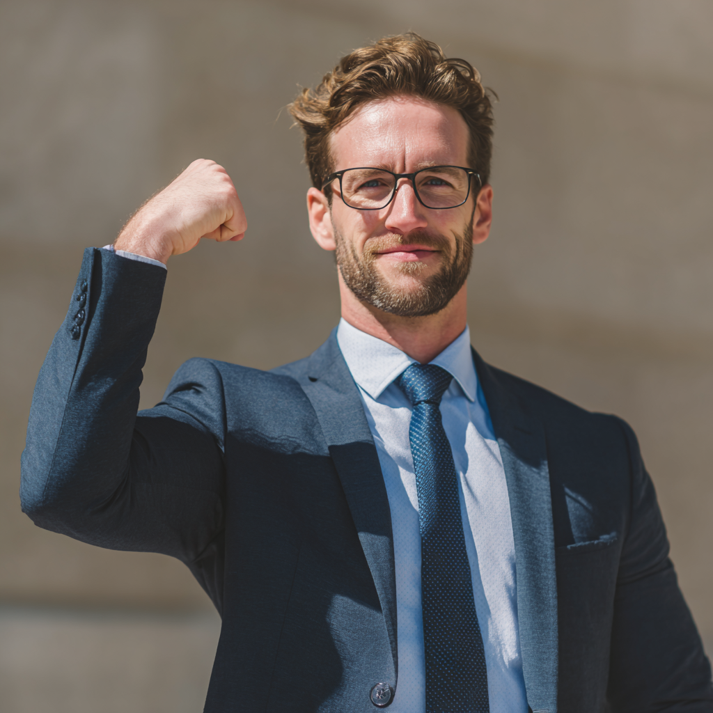Confident successful man in business attire showing strength and leadership qualities