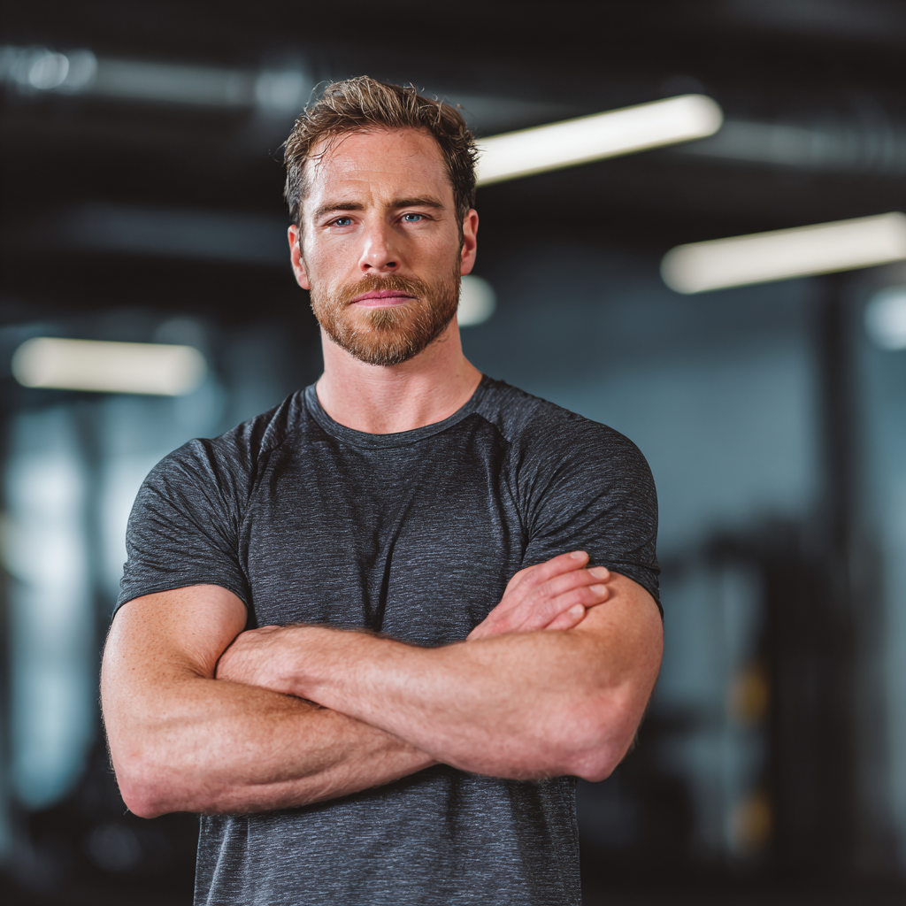 Strong confident man in workout gear standing with arms crossed in modern gym setting